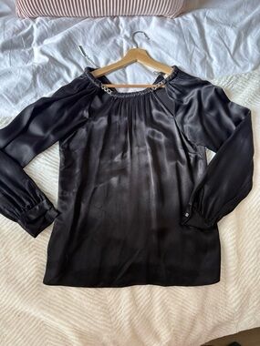 Michael Kors Black Satin Off-Shoulder Blouse with Chain Detail